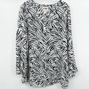 Cynthia Rowley 100% Linen Zebra Print Button Up Tunic Sz 1X Black White Beachy